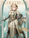  1girl :&lt; ahoge armor armored_boots black_thighhighs blonde_hair blue_eyes boots bow breastplate copyright_name dress english_text feet_out_of_frame gauntlets green_bow hand_on_own_hip highres holding holding_sword holding_weapon laurel_crown legs_apart lilya_(reverse:1999) lilya_(the_art_of_destreza)_(reverse:1999) logo long_dress long_hair looking_at_viewer low-braided_long_hair low-tied_long_hair official_alternate_costume official_art reverse:1999 solo standing sword thighhighs weapon white_dress 