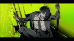  1boy belt blazer blood collared_shirt commentary_request feet_out_of_frame green_background greyscale_with_colored_background hair_between_eyes highres houlong_siche itou_kaiji jacket kaiji letterboxed long_bangs long_hair looking_at_viewer male_focus necktie nosebleed open_mouth pants scar scar_on_cheek scar_on_face scar_on_hand shirt smile solo striped_clothes striped_jacket striped_pants suit vertical-striped_clothes vertical-striped_jacket vertical-striped_pants 