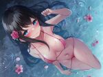  1girl bare_arms bare_shoulders bikini black_hair blue_eyes blush breasts closed_mouth covered_nipples flower from_above hair_flower hair_ornament highres looking_at_viewer lying medium_breasts navel on_back original partially_submerged pink_bikini pink_flower ripples see-through_swimsuit smile solo stomach string_bikini swimsuit thighs toyosaki_shu water wet 
