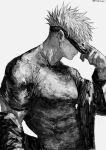  1boy blindfold closed_mouth covered_eyes gojou_satoru greyscale hand_up highres jacket jujutsu_kaisen kuwoniagyu11112 male_focus monochrome muscular muscular_male off_shoulder profile shirt short_hair short_sleeves simple_background solo twitter_username 