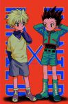  2boys absurdres arm_at_side arms_behind_head artist_name black_hair black_shirt blush boots brown_eyes child closed_mouth copyright_name english_text full_body gon_freecss green_footwear green_jacket green_shorts grey_shorts hair_behind_ear hand_in_pocket highres hunter_x_hunter jacket killua_zoldyck layered_shirt light_smile long_sleeves looking_at_another menma_(enaic31) messy_hair multiple_boys purple_eyes purple_footwear purple_shirt red_background retro_artstyle shirt short_hair shorts spiked_hair standing turtleneck white_hair white_shirt 