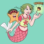  +++ 1girl 1other aqua_background bag black_eyes camie_(one_piece) chemouga crop_top cropped_shirt food green_hair hat highres mermaid monster_girl one_piece pappug pink_shirt shirt short_hair shoulder_bag simple_background smile starfish takoyaki two-tone_shirt yellow_shirt 