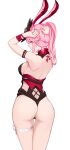  1girl absurdres animal_ears ass bails bare_shoulders breasts fake_animal_ears from_behind highres honkai_(series) honkai_impact_3rd jewelry leotard looking_back original pink_hair rabbit_ears red_nails ring simple_background skindentation smile solo standing tattoo white_background yae_sakura 