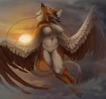  2016 anthro armpits beak big_breasts breasts brown_feathers dragon egyptian_vulture eva_(ozawk) feathered_wings feathers featureless_breasts featureless_crotch female fur furred_dragon honovy hybrid nude outside solo voluptuous white_feathers wide_hips wings 
