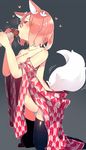  animal_ears black_legwear blush breasts cleavage flower fox_ears fox_tail hair_flower hair_ornament heart highres japanese_clothes kinoko_no_yama large_breasts mushroom navel no_bra panties pekeko_(pepekekeko) phantasy_star phantasy_star_online_2 pink_hair red_eyes sexually_suggestive shima_(pepekekeko) short_hair simple_background solo striped striped_panties tail thighhighs underwear 