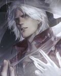  1boy aged_up beard bishounen blue_eyes coat dante_(devil_may_cry) devil_may_cry_(series) devil_may_cry_5 facial_hair highres holding long_hair male_focus mature_male qvlv_kuzi_feichuan solo white_hair 