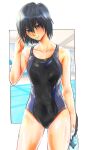  1girl amagami black_hair black_one-piece_swimsuit blue_eyes blue_one-piece_swimsuit border breasts clenched_teeth collarbone competition_swimsuit cowboy_shot hand_in_own_hair hand_up holding holding_removed_eyewear kankon_(idou_toshokan) looking_at_viewer nanasaki_ai one-piece_swimsuit outside_border pool short_hair small_breasts solo swimsuit teeth thighs two-tone_swimsuit unworn_eyewear white_border 