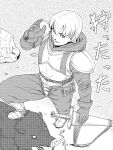  1boy animal armor boar commentary_request full_body gloves greyscale highres holding holding_sword holding_weapon kakone looking_at_viewer male_focus monochrome original pants short_hair sword translation_request weapon 