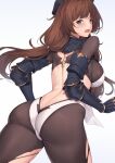  1girl armor armored_gloves ass bare_back blue_eyes blush breasts brown_hair elbow_gloves embarrassed gloves granblue_fantasy highres large_breasts leotard long_hair looking_back open_mouth pak_ce pantyhose plate_armor raziel_(granblue_fantasy) solo thighs torn_clothes torn_pantyhose white_leotard 