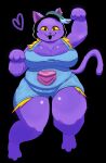 2024 anthro black_background breasts catty_(undertale) cleavage clothed clothing domestic_cat felid feline felis female fur heart_symbol hi_res kitapult mammal overalls overweight overweight_anthro overweight_female paw_pose pose purple_body purple_fur simple_background solo thick_thighs undertale_(series) wide_hips yellow_sclera