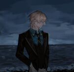  1boy aventurine_(honkai:_star_rail) black_jacket black_necktie blonde_hair collared_shirt earrings grey_sky hanliiii highres honkai:_star_rail honkai_(series) jacket jewelry male_focus necktie shirt short_hair sky solo suit water 