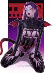  1girl bat_wings belt black_bra black_bridal_gauntlets black_eyes black_leotard black_shrug black_thighhighs bra breasts bridal_gauntlets copyright_name dc_comics demon_horns demon_tail diamond_(shape) english_text forehead_jewel gem half-leotard hands_on_own_thighs heart_o-ring heart_ring_choker highres horns inhoso kneeling large_breasts leotard looking_at_viewer medium_hair micro_bra o-ring o-ring_thigh_strap open_mouth purple_background purple_hair raven_(dc) red_gemstone red_horns red_lips red_wings simple_background solo straight_hair tail teen_titans teeth thigh_strap thighhighs underwear upper_teeth_only white_background wings zipper 