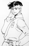  bad_id bad_pixiv_id diamond_wa_kudakenai earrings greyscale hand_on_hip hand_on_own_face headband ink_(medium) jewelry jojo_no_kimyou_na_bouken kishibe_rohan male_focus monochrome necktie pose rin2010 smile solo traditional_media upper_body 