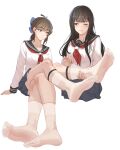  2girls bad_id bad_pixiv_id black_hair blue_bow bow breasts brown_eyes brown_hair closed_mouth cropped_legs crossed_legs feet foot_focus foreshortening ghhoward hair_bow legs long_hair long_sleeves looking_at_another multiple_girls neckerchief no_shoes one_eye_closed original pleated_skirt ponytail red_neckerchief sailor_collar school_uniform see-through_socks serafuku simple_background sitting skirt smile socks soles toes white_background white_socks 