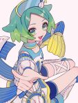  1girl :d ao_(ao0_0nemu) bad_id bad_twitter_id baseball_mitt baseball_uniform blue_shirt blue_shorts green_eyes green_hair hands_up highres idol_time_pripara index_finger_raised looking_at_viewer nijiiro_nino open_mouth pointing pointing_at_viewer pretty_series pripara shirt short_hair shorts simple_background sitting smile solo sportswear swept_bangs visor_cap 