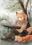  1girl animal_ear_fluff animal_ears batta_(kanzume_quality) black_pants blonde_hair blue_eyes cup fox fox_ears fox_girl fox_tail gun holding holding_cup holding_weapon hood hooded_jacket jacket kitsune_no_oyome-chan kneehighs original outdoors pants rifle scope short_hair sniper_rifle socks tail teapot tree weapon 