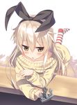  alternate_costume anchor_hair_ornament blonde_hair blush chestnut_mouth collarbone dress hair_between_eyes hair_ornament hairband highres kantai_collection leg_lift long_hair looking_at_viewer no_shoes off-shoulder_sweater olive_(laai) open_mouth red_legwear shimakaze_(kantai_collection) solo standing standing_on_one_leg striped striped_legwear sweater sweater_dress yellow_eyes 