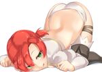  :q arched_back ass bikini_bottom black_legwear blush boots boudica_(fate/grand_order) fate/grand_order fate_(series) green_eyes long_sleeves looking_at_viewer naughty_face p!nta ponytail puffy_long_sleeves puffy_sleeves red_hair shrug_(clothing) simple_background solo thigh_boots thighhighs tongue tongue_out top-down_bottom-up white_background 