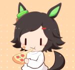  1girl :t animal_ears bandaid bandaid_on_cheek bandaid_on_face black_hair blush_stickers brown_background cheese_trail chibi closed_mouth eating food gomashio_(goma_feet) gradient_background hair_ornament hairclip holding holding_food horse_ears horse_girl horse_tail long_sleeves pizza pizza_slice shirt solo swept_bangs tail umamusume wavy_mouth white_shirt winning_ticket_(umamusume) 