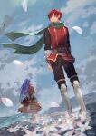  1boy 1girl adol_christin armored_boots arms_at_sides arms_behind_back blue_eyes blue_hair blue_sky boots cloud cloudy_sky commentary_request dated dress facing_away facing_viewer falling_petals field flower flower_field from_below full_body green_scarf hair_between_eyes hill kiruri_(mimosayoshi) light_particles long_hair looking_to_the_side outdoors petals red_hair red_tunic scarf short_hair sky standing tia_(ys) white_flower wind wind_lift ys 