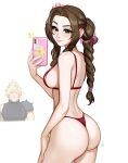  1boy 1girl aerith_gainsborough ass back bikini blonde_hair blushyspicy braid braided_ponytail breasts brown_hair cellphone cloud_strife dress final_fantasy final_fantasy_vii final_fantasy_vii_rebirth final_fantasy_vii_remake from_behind green_eyes hair_ribbon highres holding holding_phone jewelry long_hair looking_back parted_bangs phone ribbon selfie sidelocks smartphone spiked_hair swimsuit thong thong_bikini 