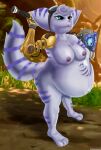 absurd_res anthro belly big_belly blue_eyes breasts eyewear female fur goggles hammer heartlessangel3d hi_res huge_belly lombax mammal navel nipples nude pregnant purple_body purple_fur ratchet_and_clank rivet_(ratchet_and_clank) robot_arm smile solo sony_corporation sony_interactive_entertainment tools
