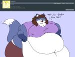 2018 4:3 5_fingers anthro ask_blog batspid2 belly big_belly big_breasts black_eyebrows black_eyes blue_body blue_fur bottomwear breasts brown_bottomwear brown_clothing brown_hair canid canine chloe_(batspid2) cleavage clothed clothing dialogue digital_drawing_(artwork) digital_media_(artwork) double_chin english_text exclamation_point eyebrow_through_hair eyebrows eyelashes female fingers flabby_arms flat_colors fox front_view fur glistening glistening_eyes gloves_(marking) hair hands_on_hips huge_belly huge_hips looking_at_viewer love_handles mammal markings morbidly_obese morbidly_obese_anthro morbidly_obese_female multicolored_body multicolored_fur navel nipple_outline obese obese_anthro obese_female open_mouth overweight overweight_anthro overweight_female pants pattern_clothing pattern_underwear pink_tongue purple_clothing purple_topwear question shirt solo spots spotted_clothing spotted_underwear tail tail_markings tail_tuft text three-quarter_view tongue topwear translucent translucent_hair tuft two_tone_body two_tone_fur underwear white_body white_fur wide_hips