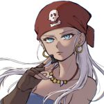  1girl bandana bare_shoulders blue_dragon blue_eyes brown_gloves chamuel_zola chess_piece fingerless_gloves gloves hand_up holding_chess_piece jewelry long_hair looking_at_viewer necklace pawn_(chess) red_bandana skull_print solo white_background white_hair zola_(blue_dragon) 