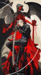  1boy absurdres black_gloves blue_coat blue_eyes closed_mouth coat demon devil_may_cry_(series) devil_may_cry_5 fingerless_gloves gloves highres holding holding_sword holding_weapon katana looking_at_viewer male_focus sin_node skeleton solo sword vergil_(devil_may_cry) weapon white_hair wings yamato_(sword) 
