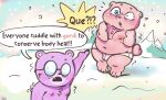 2024 anthro bear belly blush bulge clothing dialogue duo english_text exclamation_point eyewear glasses gordi_(unicorn_wars) hi_res male mammal moobs mountain nipples overweight overweight_male padre_(unicorn_wars) pink_body purple_body question_mark salamikii snow snowing spanish_text surprise text underwear unicorn_wars