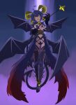  1girl 32zzz ahoge black_hair black_thighhighs breastless_clothes breasts corset demon_horns demon_tail demon_wings facial_tattoo forward_facing_horns gauntlets hair_between_eyes highres hiiragi_utena horns maebari magia_baiser mahou_shoujo_ni_akogarete multiple_horns multiple_wings navel parted_lips pasties purple_corset purple_pasties revision sidelocks small_breasts solo star_pasties star_wand symbol-shaped_pupils tail tattoo teeth thighhighs upper_teeth_only wings x-shaped_pupils yellow_eyes 