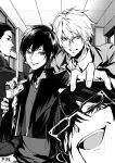  4boys angry blazer blood blood_from_mouth commentary_request cropped_jacket durarara!! facing_viewer greyscale hair_between_eyes hair_slicked_back hallway haloggz heiwajima_shizuo holding holding_knife indoors jacket kadota_kyouhei kishitani_shinra knife looking_at_another looking_at_viewer male_focus monochrome multiple_boys open_mouth orihara_izaya profile school_uniform short_hair smile upper_body 