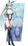 1girl absurdres bare_shoulders blue_eyes blush bow breasts cleavage fate/grand_order fate_(series) grey_hair hair_bow highres kurozawa_yui large_breasts long_hair looking_at_viewer morgan_le_fay_(fate) navel playboy_bunny ponytail sidelocks smile solo thighhighs very_long_hair 