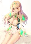  absurdres blonde_hair blush breasts chinchongcha cleavage gloves headband highres large_breasts looking_at_viewer mythra_(xenoblade) signature thigh_strap white_gloves xenoblade_chronicles_(series) xenoblade_chronicles_2 
