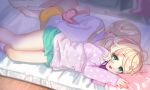  2girls absurdres ahoge back-to-back blush fujima_(k114) futaba_anzu futon green_eyes highres idolmaster idolmaster_cinderella_girls long_hair looking_at_viewer lying multiple_girls on_side open_mouth pajamas pillow shirt short_hair shorts smile yusa_kozue 