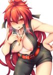  ;p asymmetrical_clothes asymmetrical_legwear blazing_heart_(elsword) blush breasts elesis_(elsword) elsword fi-san highres large_breasts leaning_forward long_hair looking_at_viewer nipples one_eye_closed open_clothes open_shirt red_eyes red_hair shirt solo tongue tongue_out transparent_background 