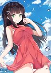  black_hair blush cloud copyright_name day dress eyebrows eyebrows_visible_through_hair green_eyes highres kogalashi kurosawa_dia long_hair looking_at_viewer love_live! love_live!_sunshine!! mole mole_under_mouth ocean outdoors red_dress sky smile solo 