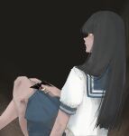  1girl absurdres bare_legs black_hair closed_mouth dress expressionless fashion feet_out_of_frame from_behind from_side full_body glass highres knees_together_feet_apart kyzutoslcats lips looking_at_viewer nose original profile red_eyes sailor_dress school_uniform solo 