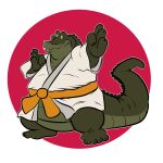  1:1 absurd_res alligator alligatorid anthro asian_clothing belt bottomless clothed clothing crocodilian disney east_asian_clothing green_body green_scales hi_res japanese_clothing karate keikogi louis_(tpatf) male martial_arts_uniform orange_belt overweight r4c00n reptile scales scalie solo sportswear the_princess_and_the_frog topwear white_clothing 