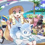  1boy 2girls :3 :d ;d alolan_exeggutor alolan_form alolan_vulpix animal arm_up bag bangle baseball_cap basket beach bewear black_hair black_hat blonde_hair blush bracelet braid brush cloud comb comfey day dress duffel_bag exeggutor gen_2_pokemon gen_7_pokemon gloom_(expression) green_eyes hair_brush hat holding holding_animal holding_brush holding_comb holding_pokemon holding_towel jewelry kingin lens_flare lillie_(pokemon) long_hair mizuki_(pokemon) multiple_girls one_eye_closed open_mouth outdoors pokemon pokemon_(creature) pokemon_(game) pokemon_sm red_hat rockruff shirt short_sleeves sitting smile striped striped_shirt sun_hat sunlight sweatdrop towel twin_braids tyranitar vulpix water white_hat you_(pokemon) 