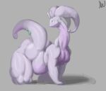 all_fours antennae_(anatomy) anthro anthrofied belly big_belly big_butt big_tail breasts butt curled_tail deu female generation_6_pokemon goodra green_eyes green_spots grey_body hi_res long_neck long_tail looking_away markings multicolored_body nintendo nude pokemon pokemon_(species) purple_body purple_tail shadow signature solo spots spotted_body spotted_markings tail tail_markings thick_tail thick_thighs two_tone_body white_tail