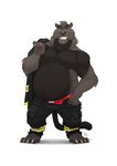  2016 4_toes 5_fingers anthro bauch bear belly big_belly black_fur black_nose black_tail brown_eyes cat claws clothed clothing digital_media_(artwork) feline firefighter firefighter_uniform front_view full-length_portrait fur furrybob hi_res hybrid jockstrap long_tail male mammal navel overweight overweight_male pants partially_clothed plantigrade portrait signature simple_background smile solo standing teeth toe_claws toes underwear undressing uniform whiskers white_background 