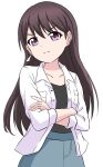  1girl absurdres bang_dream! bang_dream!_it&#039;s_mygo!!!!! black_hair black_shirt can&#039;t_be_this_cute crossed_arms edo-sensei glaring highres jacket long_hair looking_at_viewer open_clothes open_jacket purple_eyes shiina_taki shirt simple_background white_background white_jacket 