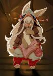  absurd_res anthro armor big_ears blush blush_lines bodily_fluids bottomwear breasts brown_body brown_fur clothed clothing digital_media_(artwork) drooling english_text female fluffy fluffy_tail fur hair headgear helmet hi_res honky_kat looking_at_viewer made_in_abyss mammal nanachi narehate open_mouth pants pants_grab saliva smile solo tail text tongue tongue_out topless whiskers white_body white_fur white_hair yellow_eyes 