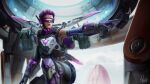  1girl absurdres air_orchid_valkyrie anoreika_tomoe apex_legends armor breastplate elbow_gloves gloves head-mounted_display highres in-universe_location jetpack kneeling lip_piercing official_alternate_costume olympus_(apex_legends) parted_lips piercing pointing purple_gloves purple_hair red_lips short_hair solo valkyrie_(apex_legends) 