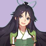  arms_at_sides black_hair blue_eyes hair_between_eyes hair_ribbon japanese_clothes kantai_collection katsuragi_(kantai_collection) long_hair looking_to_the_side open_mouth ponytail ribbon simple_background sola7764 solo upper_body very_long_hair white_ribbon 