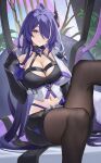  1girl acheron_(honkai:_star_rail) black_choker black_gloves black_pantyhose black_shorts breasts catsmoon choker cleavage collarbone commentary_request criss-cross_halter elbow_gloves feet_out_of_frame gloves hair_ornament halterneck hand_up highres honkai:_star_rail honkai_(series) large_breasts long_hair looking_at_viewer midriff navel pantyhose purple_eyes purple_hair short_shorts shorts single_bare_shoulder sitting smile solo thighs very_long_hair 