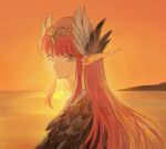  1girl circe_(fate) closed_mouth commentary_request elaine-didaea fate/grand_order fate_(series) feather_hair_ornament feathered_wings feathers hair_ornament highres long_hair orange_sky outdoors pink_hair pointy_ears sidelocks sky solo tearing_up tears tiara very_long_hair wings 