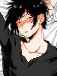  1boy arm_up bed_sheet black_hair black_shirt blush collarbone commentary_request doraiya_ayiarod durarara!! ear_blush full-face_blush looking_to_the_side lying male_focus on_back on_bed open_mouth orihara_izaya portrait red_eyes sheet_grab shirt short_hair solo sweat teeth upper_teeth_only 