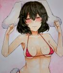  1girl absurdres animal_ears bikini black_hair blush breasts breasts_apart bright_pupils clenched_hands collarbone commentary_request double-parted_bangs floppy_ears hands_up highres inaba_tewi looking_at_viewer medium_breasts narrowed_eyes rabbit_ears rabbit_tail red_bikini red_eyes shiny_skin short_hair smug solo swimsuit tail thick_eyebrows touhou traditional_media upper_body washiwa white_pupils 